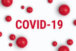 COVID-19 on white background with red dots